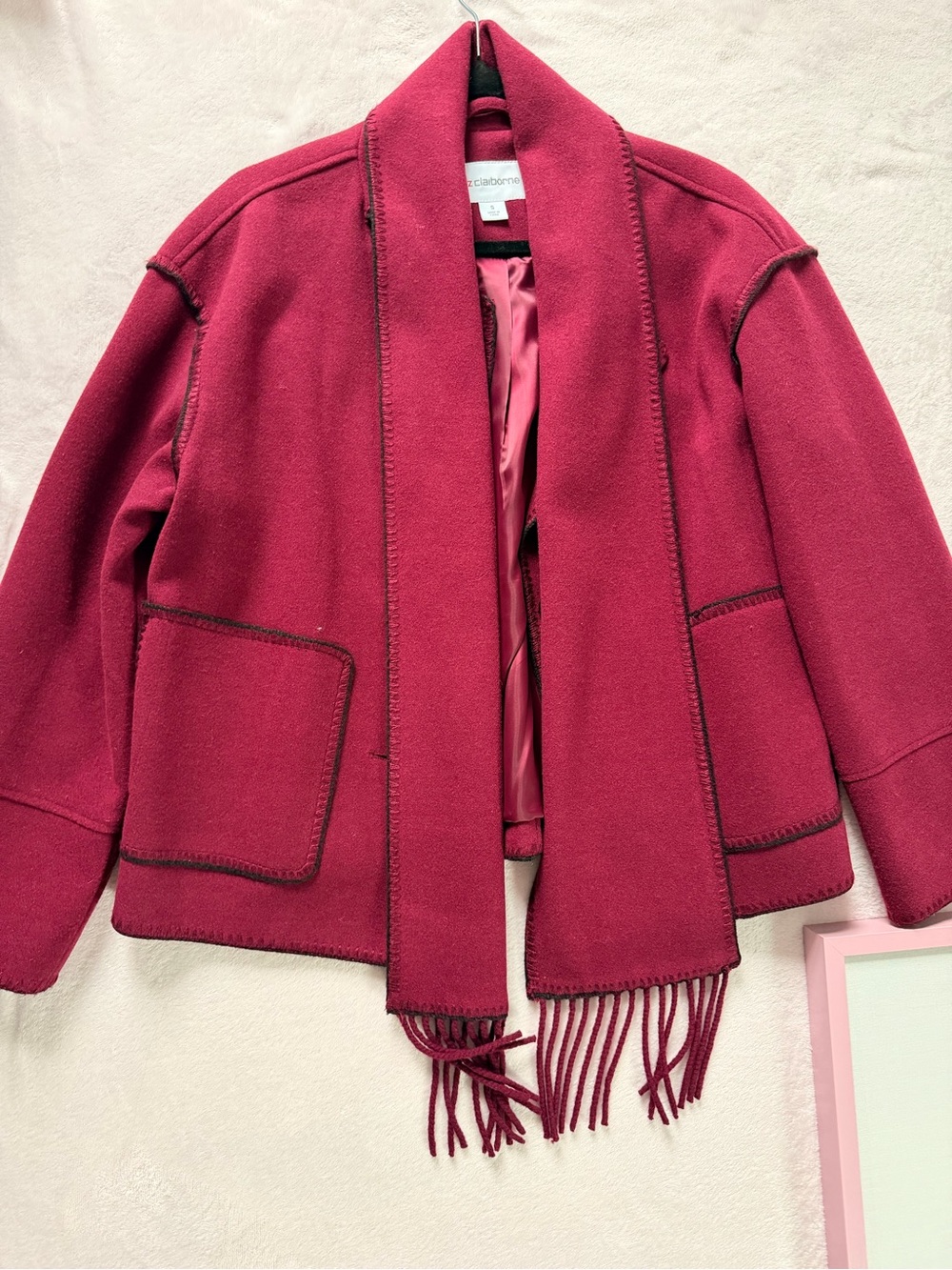 Liz Claiborne Wine Red Open-Front Jacket with Scarf Trim